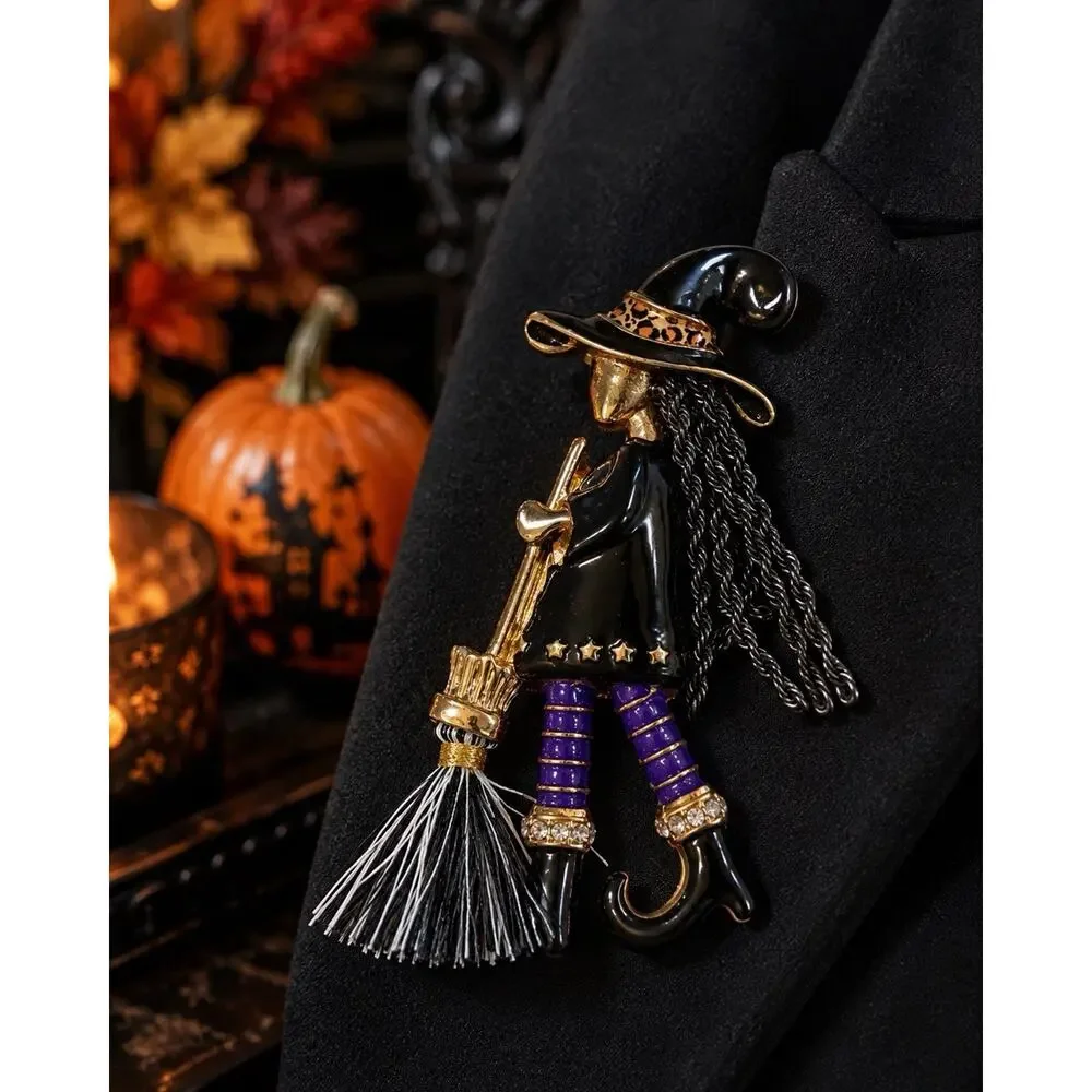 Funky Witch Brooch Pin Black Enamel Purple Rhinestone Broom Halloween Jewelry